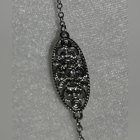 Long Filigree Marcasite Style Oval Link Necklace | 36” Adjustable Silver Tone - Picture 4 of 5